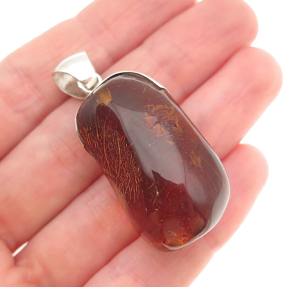 925 Sterling Silver Vintage Real Amber Modernist Charm Pendant